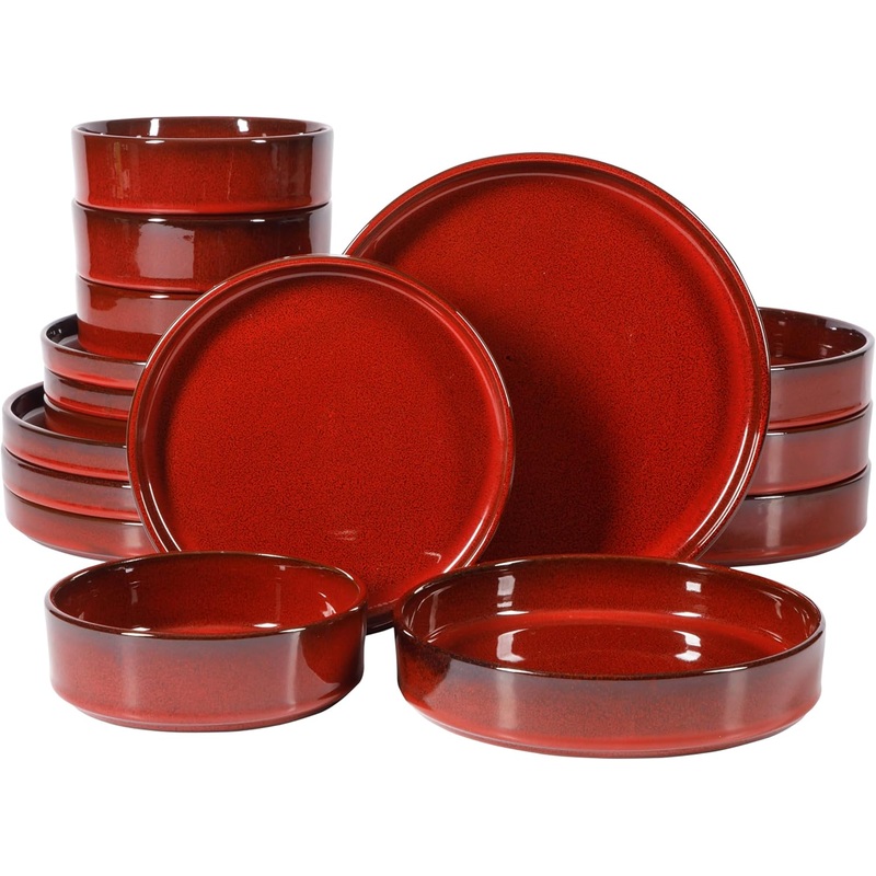 Oprah’s Favorite Things – Santorini Mist Double Bowl Terracotta Reactive Glaze Plates and Bowls Dinnerware Set – Garnet Red, Service for Four (16pcs) | Bigbigmart.com
