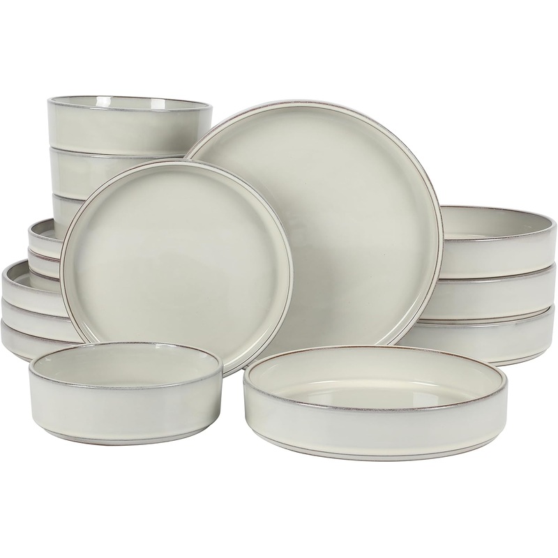 Oprah’s Favorite Things – Santorini Mist Double Bowl Terracotta Reactive Glaze Plates and Bowls Dinnerware Set – Moonstone White, Service for Four (16pcs) | Bigbigmart.com