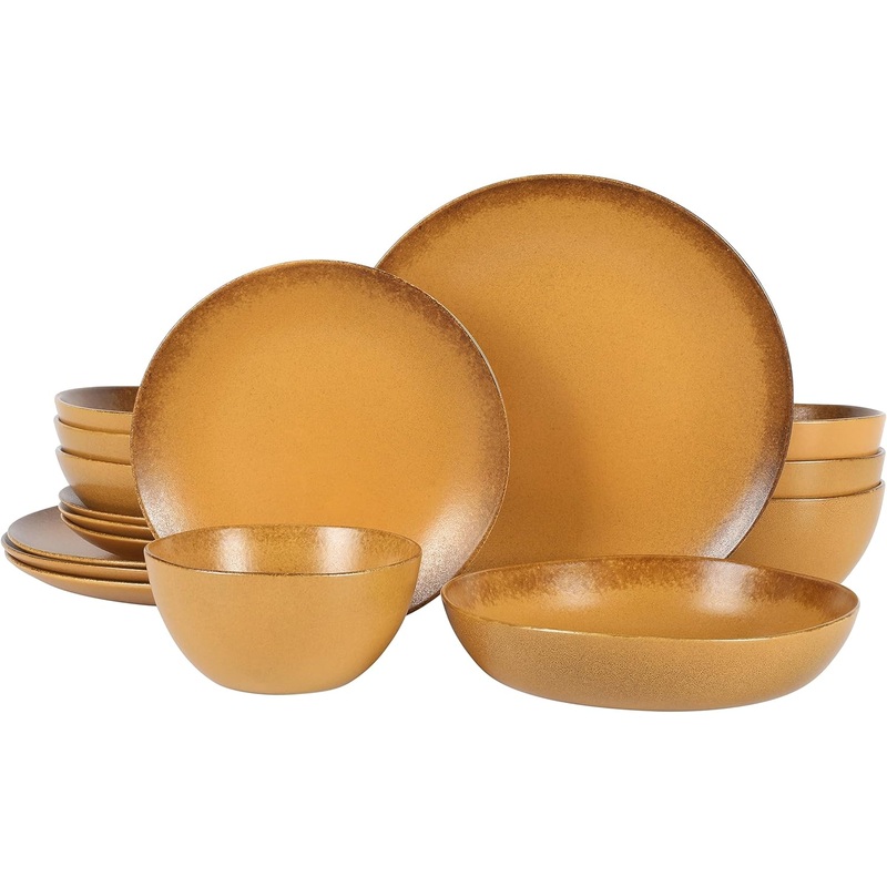 Palermo Sun Double Bowl Stoneware Reactive Glaze Plates and Bowls Dinnerware Set – Tumeric Yellow, Service for Four (16pcs) | Bigbigmart.com