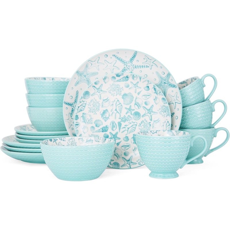 Pfaltzgraff Venice 16-Piece Stoneware Dinnerware Set, Service for 4, Aqua/White | Bigbigmart.com