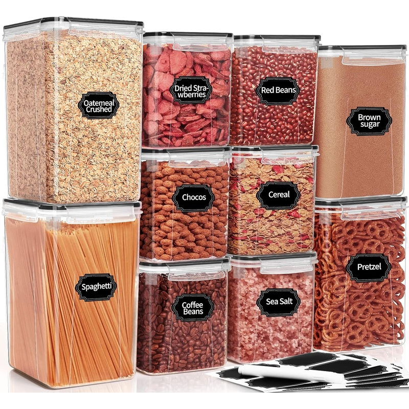 PRAKI Large Airtight Food Storage Containers with Lids, 10PCS Plastic Cereal Storage Containers, Kitchen & Pantry Organizers and Storage for Sugar, Flour, Baking Supplies with Lables & Mark | Bigbigmart.com
