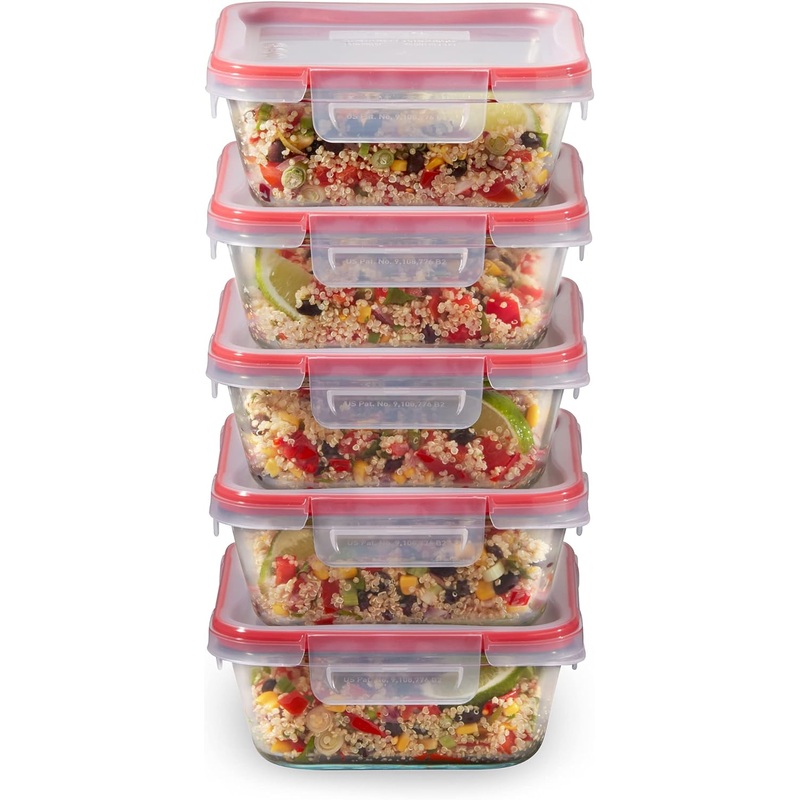 Pyrex Freshlock 5-Pack (4-Cup) Glass Food Storage Containers Set, Airtight & Leakproof Locking Lids, Freezer Dishwasher Microwave Safe | Bigbigmart.com