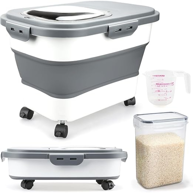Rice Storage Containers, Collapsible 20 to 30Lbs Food Storage Bin Dispenser with Rolling Wheel and Clear Airtight Lid, BPA Free Flour, Sugar, Cereal and Dog Cat Pet food Containers | Bigbigmart.com