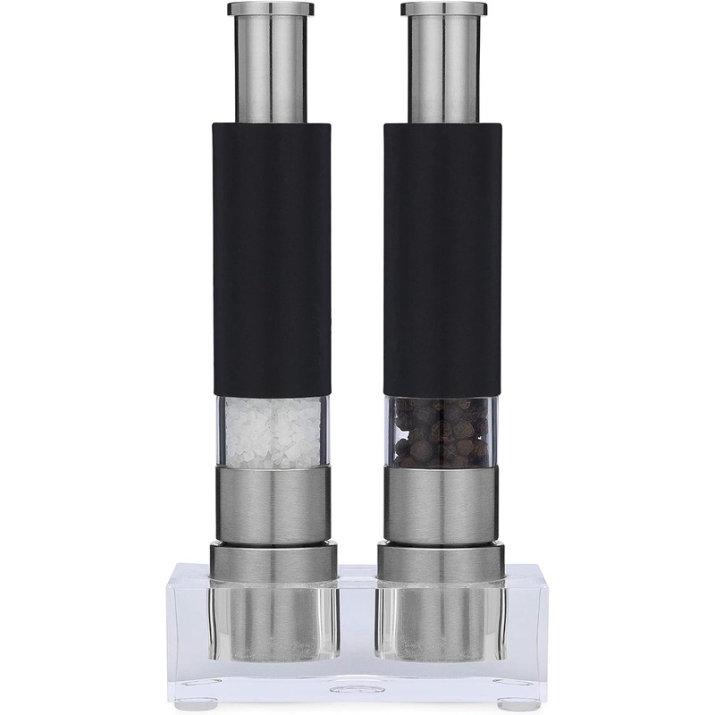 Salt and Pepper Grinder Set of 2 with Modern Thumb Push Button Black Grinder, Stainless Steel, for Black Pepper, Sea Salt and Himalayan Salt, With Stand, Peppermill are Refillable | Bigbigmart.com