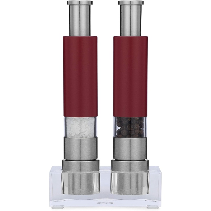 Salt and Pepper Grinder Set of 2 with Modern Thumb Push Button Red Grinder, Premium Stainless Steel, for Black Pepper, Sea Salt and Himalayan Salt, With Stand, Peppermill are Refillable | Bigbigmart.com