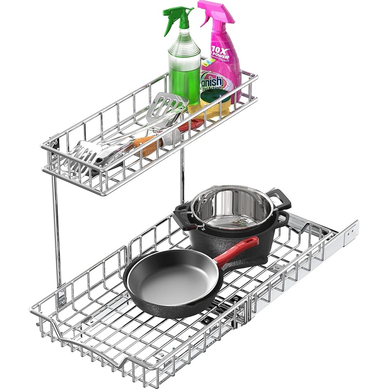 Simple Houseware 2-Tier (L+M) Organizer Pull Out Under Cabinet Sliding Shelf, Chrome | Bigbigmart.com
