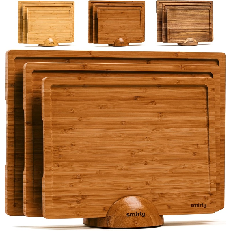SMIRLY Wooden Cutting Boards For Kitchen – Bamboo Cutting Board Set with Holder, Wood Cutting Board Set, Cutting Board Wood, Wooden Chopping Board, Wooden Cutting Board Set | Bigbigmart.com