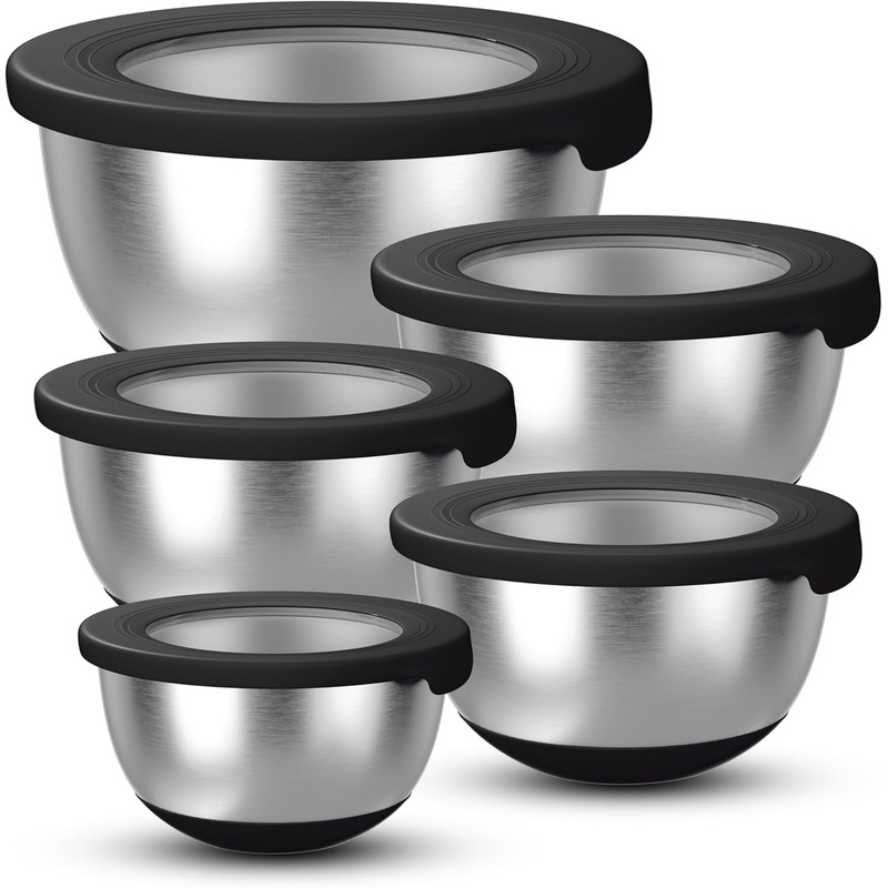 Stainless Steel Mixing Bowls with Airtight Lids Set of 5, Nesting Mixing Bowls for Kitchen, Black, Dishwasher Safe, Non-Slip, Multi-Purpose for Cooking, Baking, Prepping & Food Storage | Bigbigmart.com