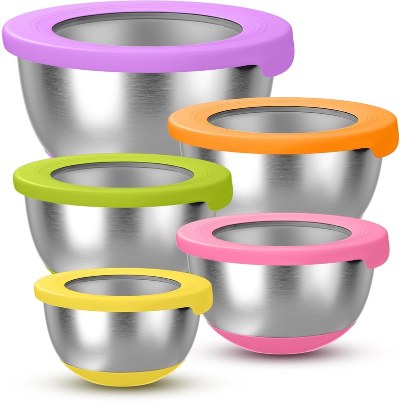 Stainless Steel Mixing Bowls with Airtight Lids Set of 5, Nesting Mixing Bowls for Kitchen, Dishwasher Safe, Non-Slip, Multi-Purpose for Cooking, Baking, Prepping & Food Storage, Multicolor | Bigbigmart.com