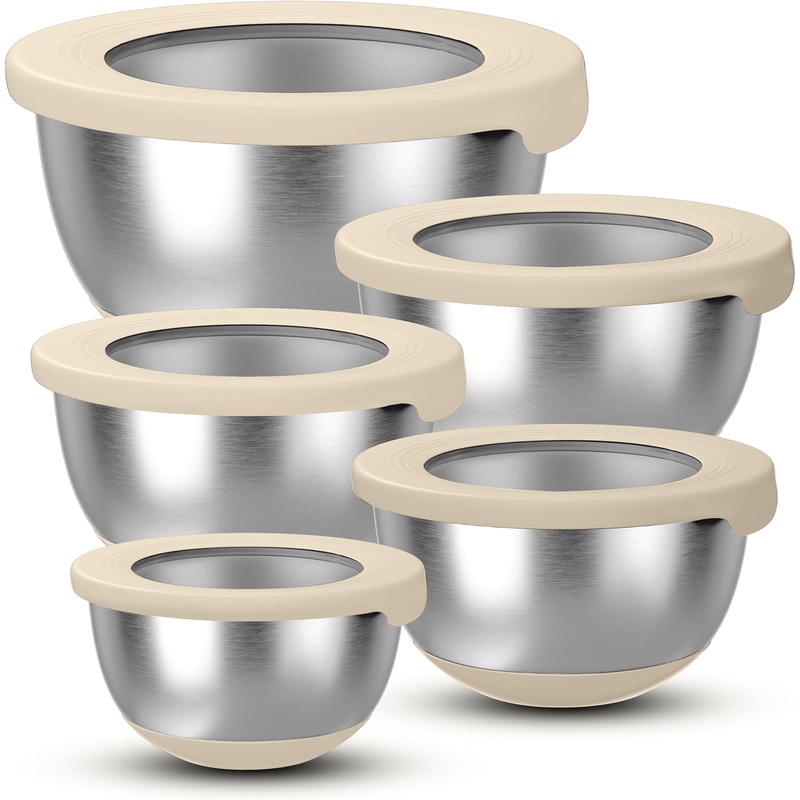 Stainless Steel Mixing Bowls with Airtight Lids Set of 5, Nesting Mixing Bowls for Kitchen, Khaki, Dishwasher Safe, Non-Slip, Multi-Purpose for Cooking, Baking, Prepping & Food Storage | Bigbigmart.com
