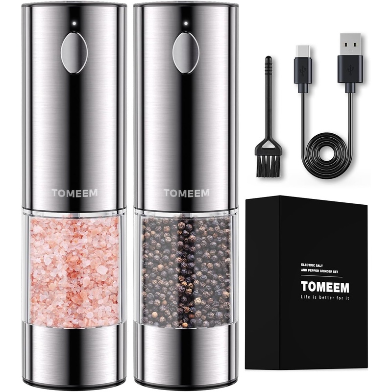 Upgraded Larger Capacity Electric Salt and Pepper Grinder Set Rechargeable with LED lights, Stainless Steel Automatic Pepper and Salt Grinder Refillable with 5 Adjustable Coarseness | Bigbigmart.com