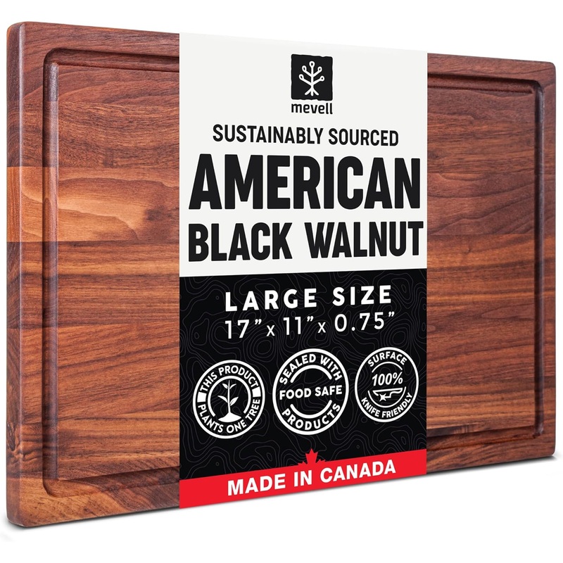 Walnut Wood Cutting Board for Kitchen, Reversible Wooden Chopping Board With Juice Grooves, Made in Canada (Walnut, 17x11x0.75) | Bigbigmart.com