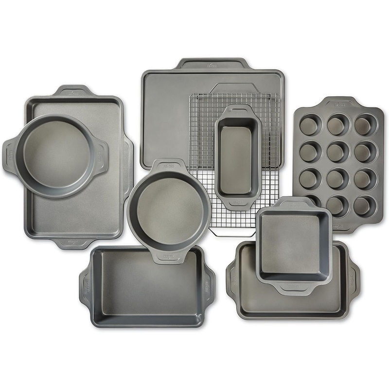 All-Clad Pro-Release Nonstick Bakeware Set 10 Piece Oven Safe 450F Half Sheet, Cookie Sheet, Muffin Pan, Cooling & Baking Rack, Round Cake Pan, Loaf Pan, Baking Pan Grey | Bigbigmart.com