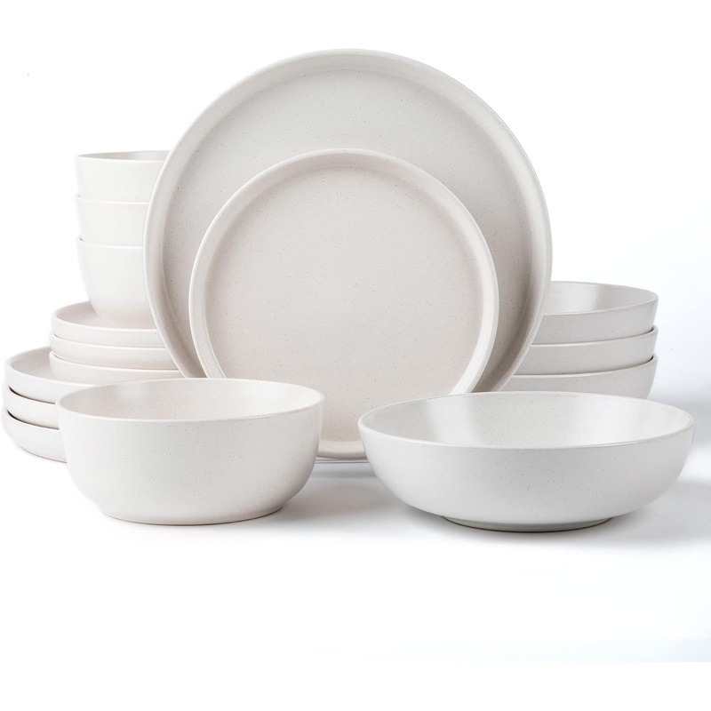 ARORA SKUGGA Round Stoneware 16pc Double Bowl Dinnerware Set for 4, Dinner and Side Plates, Cereal and Pasta Bowls – Matte White(466077) | Bigbigmart.com