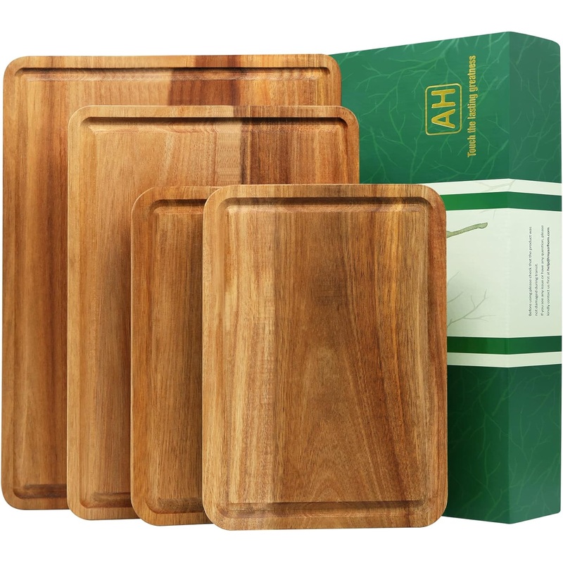 AZRHOM Large Wood Cutting Boards Set of 4 for Kitchen Cheese Charcuterie Board (Gift Box Included) Acacia Butcher Block with Non-slip Mats, Juice Groove and Handles (16×12, 14×10, double 11×8 inch) | Bigbigmart.com