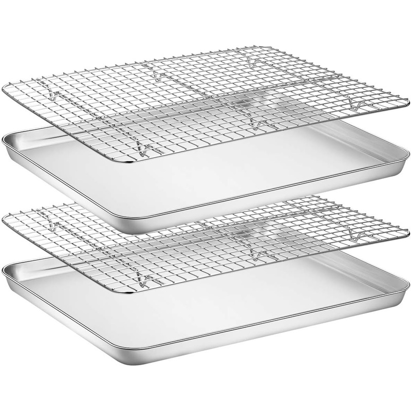 Baking Sheet with Rack Set [2 Pans + 2 Racks], Wildone Stainless Steel Cookie Sheet Baking Pan Tray with Cooling Rack, Size 16 x 12 x 1 Inch, Non Toxic & Heavy Duty & Easy Clean | Bigbigmart.com