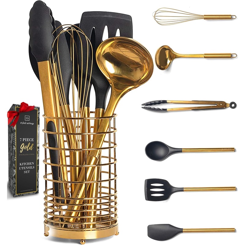 Black and Gold Kitchen Utensils Set with Holder – 7PC Gold Cooking Utensils Set Includes Gold Utensil Holder and Silicone Cooking Utensils – Elegant Gold Kitchen Accessories for Modern Cooking | Bigbigmart.com