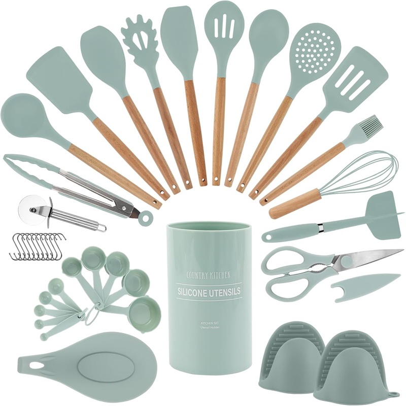 Country Kitchen Cooking Utensils Set – 40 pcs Non-stick Silicone Spatula Set with Holder, Wooden Handles and Heat Resistant Gadgets Utensil, Gray | Bigbigmart.com