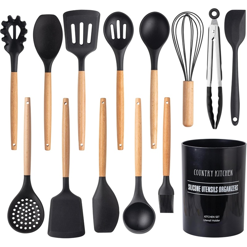 Country Kitchen Silicone Cooking Utensils, 14 Pc Kitchen Utensil Set, Easy to Clean Wooden Kitchen Utensils, Cooking Utensils for Nonstick Cookware, Kitchen Gadgets and Spatula Set | Bigbigmart.com