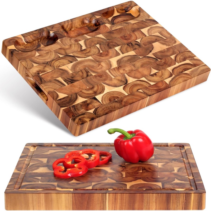 Cutting Board (17x13x1,5in) End Grain Cutting Board, Acacia Wooden Cutting Board, Butcher Block, Chopping Board – Reversible Multipurpose For Kitchen with Juice Groove, Cracker Holder & Inner Handles. | Bigbigmart.com