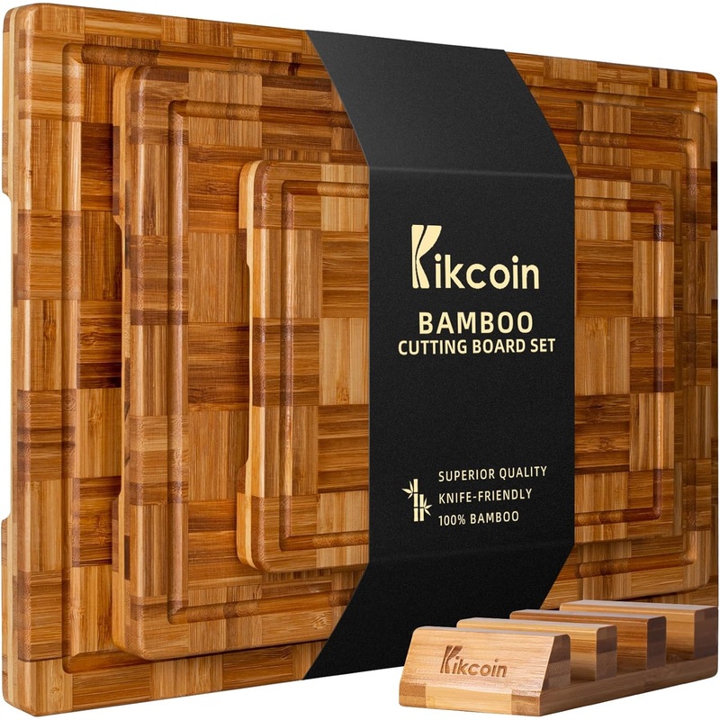 Extra Large Bamboo Cutting Boards, (Set of 3) Chopping Boards with Juice Groove Bamboo Wood Cutting Board Set Butcher Block for Kitchen, End Grain Serving Tray by Kikcoin | Bigbigmart.com