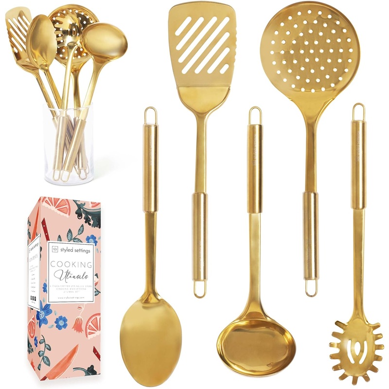 Gold Cooking Utensils Set – 5 PC Stainless Steel for Modern Cooking & Serving – Dishwasher Safe Gold Ladle, Serving Spoon & More – Luxury Brass Kitchen Utensils for Home Chefs – Gold Kitchen Decor | Bigbigmart.com