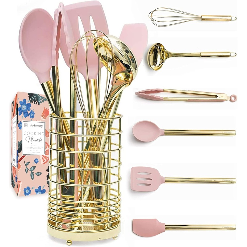Gold & Pink Kitchen Utensil Set with Holder – Pink Cooking Utensils:Gold Whisk,Gold Ladle,Pink Spatula,Gold Tongs,Pink Spoon,Turner,Gold Utensil Holder – Pink Kitchen Accessories & Pink Kitchen Decor | Bigbigmart.com