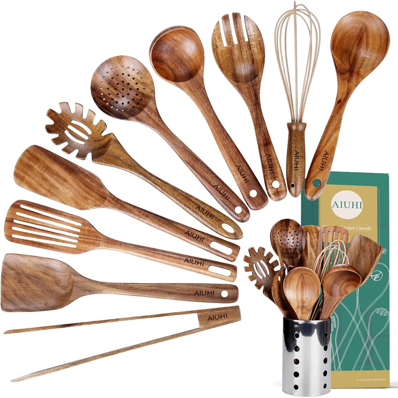 Kitchen Utenails Set with Holder,Kitchen Wooden Utensils for Cooking, Wood Utensil Natural Teak Wood Spoons for Cooking,Wooden Kitchen Utensil Set With Spatula and Ladle (11) | Bigbigmart.com