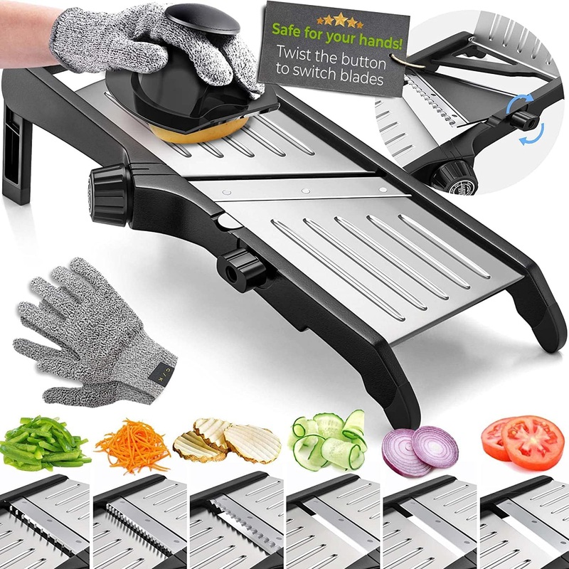 Mandoline Food Slicer, Adjustable Stainless Steel with Waffle Fry Cutter Crinkle Cut Potato Chip Vegetable Onion | Bigbigmart.com