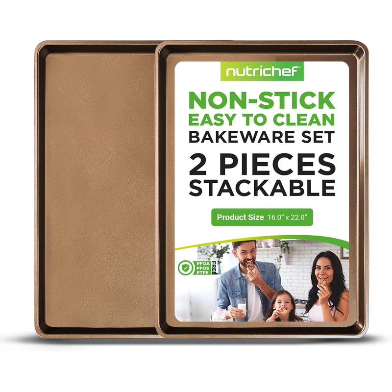 NutriChef 2-Piece Nonstick XL Cookie Sheets for Baking – 22 x 16 Extra Large Carbon Steel Oven Baking Trays – Non Stick Coating, Stackable Baking Pans, NCLGBP28 | Bigbigmart.com