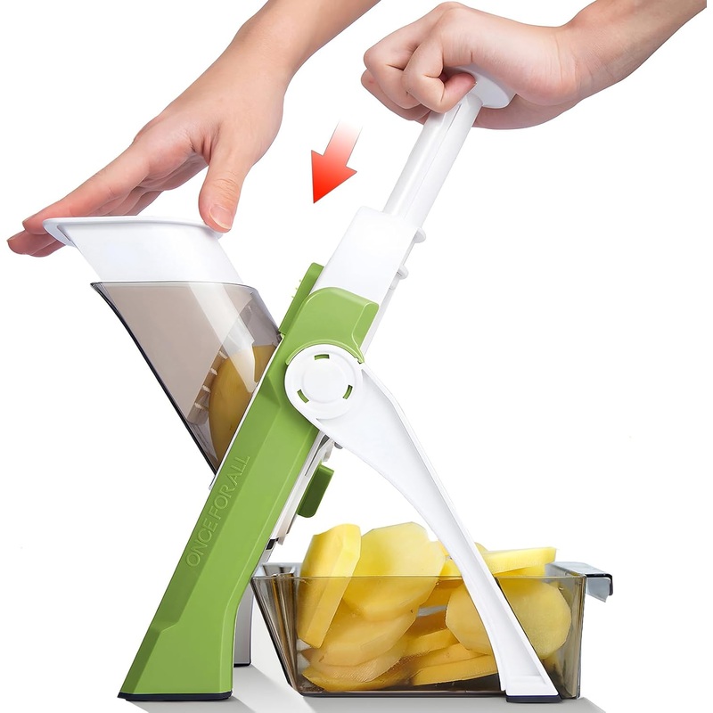 ONCE FOR ALL Safe Mandoline Slicer, Multi Vegetable Chopper, Potato Slicer for Kitchen, 4 Modes 100+ Presets Adjustable Thickness, French Fry Cutter (5 in 1 Green) | Bigbigmart.com