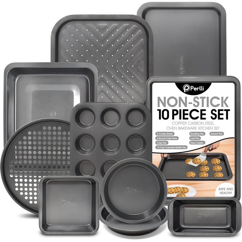 Perlli Baking Pan 10 Piece Set Nonstick Carbon Steel Gray Oven Bakeware Kitchen Set, 2 Cookie Sheets, 2 Round Cake Pans, Square Pan, Roasting Pan, Loaf Pan, Crisp Pan, Pizza Crisper, & Muffin Pan | Bigbigmart.com