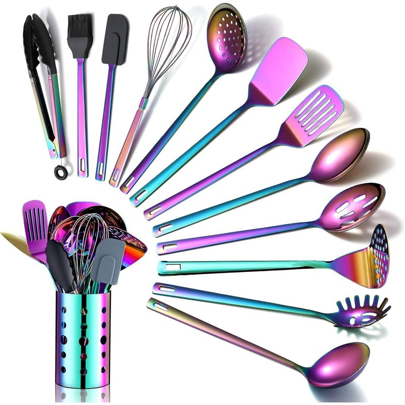 Rainbow Kitchen Utensils Set,13 Pieces Stainless Steel Cooking Utensils Set With Titanium Rainbow Plating,Kitchen Tools Set With Utensil Holder For Non-Stick Cookware Dishwasher Safe (13 Packs) | Bigbigmart.com