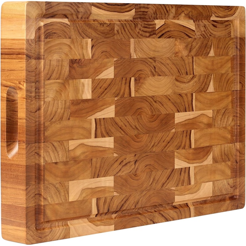 Teak Wooden Cutting Board (17x13x1.5in) End Grain Cutting Board, Butcher Block, Chopping Board – Reversible Multipurpose For Kitchen with Juice Groove & Inner Handles with Gift Box Included | Bigbigmart.com