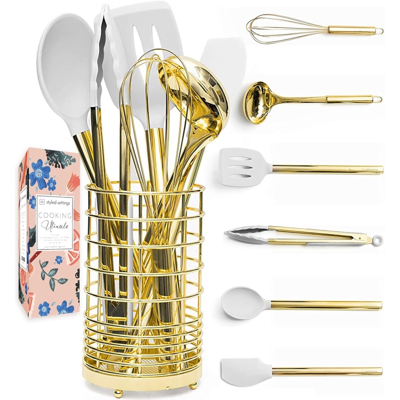 White Silicone and Gold Cooking Utensils Set with Holder – 7PC Silicone Cooking Utensils Set Includes Gold Kitchen Utensils, Gold Whisk, Gold Spatula, & Gold Utensil Holder -Gold Kitchen Accessories | Bigbigmart.com