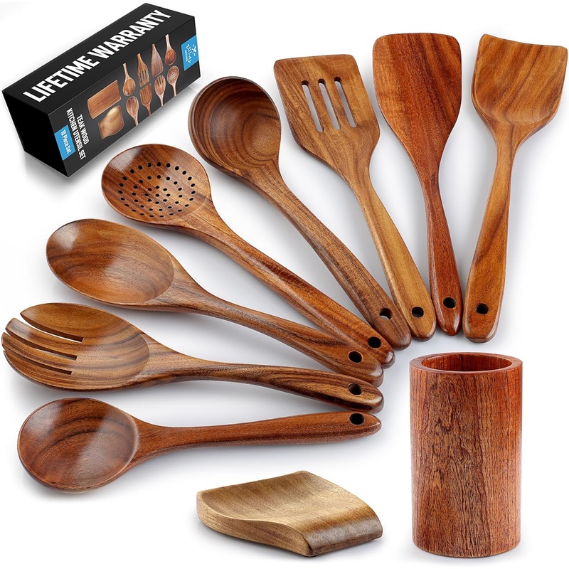Zulay Kitchen 10-Piece Wooden Spoons for Cooking – Smooth Finish Teak Wooden Utensils for Cooking – Soft Comfort-Grip Wood Spoons for Cooking – Non-Stick Wooden Cooking Utensils – Wooden Spoon Sets | Bigbigmart.com