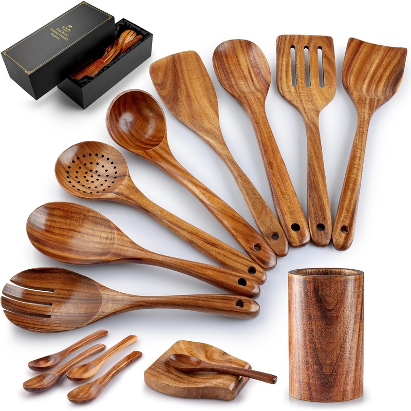 Zulay Kitchen 15-Piece Teak Wooden Utensils for Cooking – Natural Teak Utensil Set with Premium Gift Box – Non-Stick Wooden Spoons for Cooking – Kitchen Gift Set – Comfortable Grip Wooden Utensil Set | Bigbigmart.com