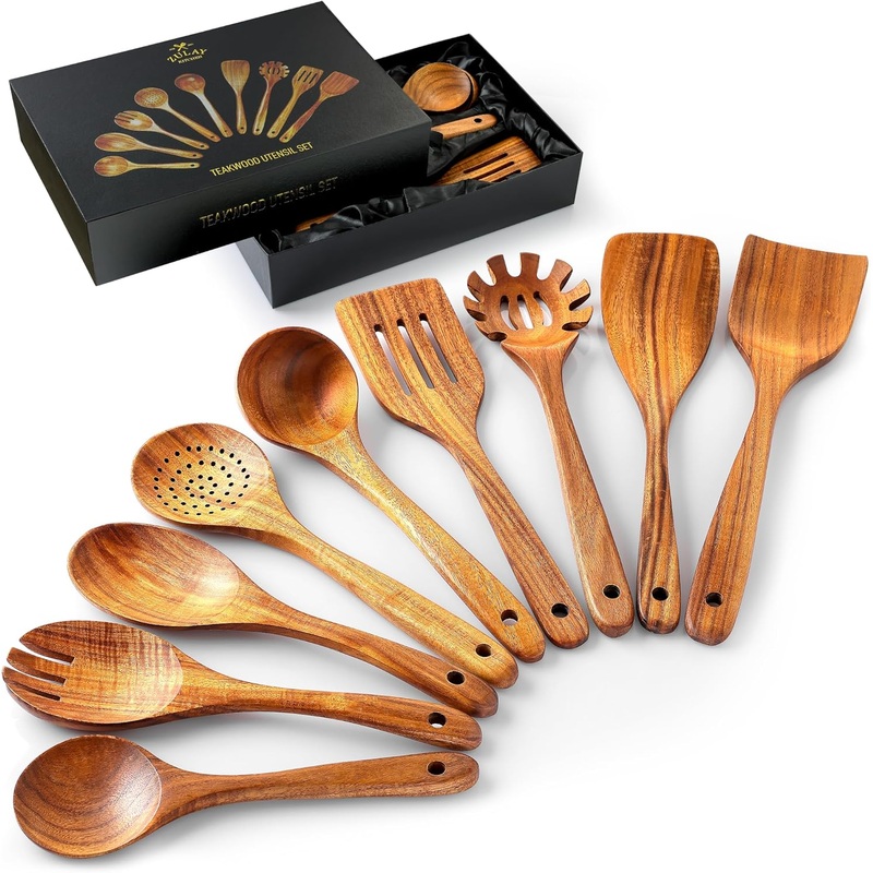 Zulay Kitchen 9-Piece Teak Wooden Utensils for Cooking – Natural Teak Utensil Set with Premium Gift Box – Non-Stick Wooden Spoons for Cooking – Kitchen Gift Set – Comfortable Grip Wooden Utensil Set | Bigbigmart.com