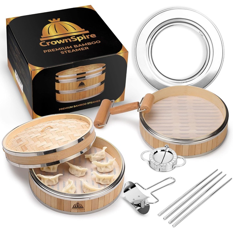 2 Tier Bamboo Steamer | Bamboo Steamer Basket with Reusable Silicone Liner | Food Dim Sum Kit for Cooking Baby Bao Bun, Rice, Vegetable, Fish and Meat | Bigbigmart.com