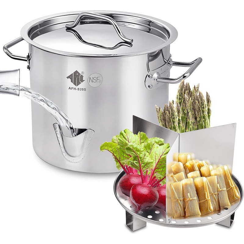 ARC 20QT Stainless Steel Tamale Steamer Pot w/Easy-fill Water Spout, Seafood Crab Steamer with Divider and Steamer Rack, 5 Gallon | Bigbigmart.com