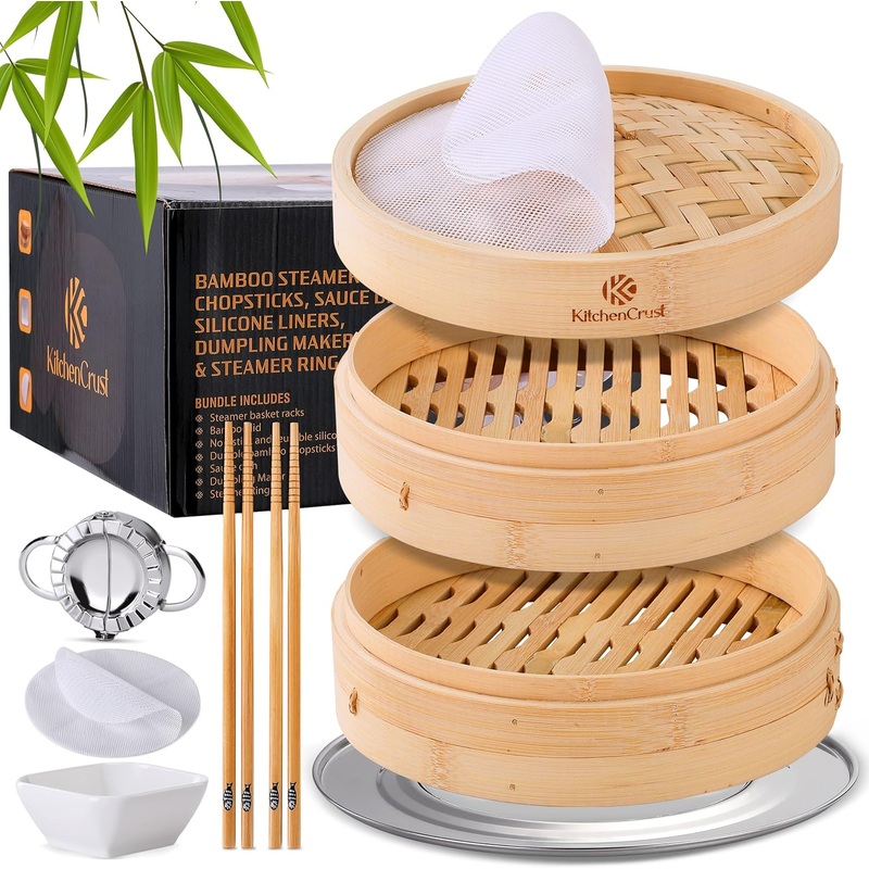 Bamboo Steamer Basket for Chinese Asian Cuisine – 2 Tier 10-Inch Steaming Basket Bun Vegetable Steamer, Dumpling Steamer bamboo steam basket, Sauce Dish, Chopsticks, Reusable Liners, Ring | Bigbigmart.com