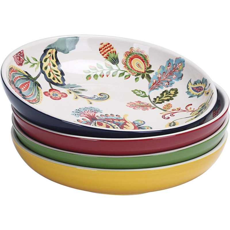 Bico Protea Cynaroides Ceramic 35oz Dinner Bowls, Set of 4, for Pasta, Salad, Cereal, Soup & Microwave & Dishwasher Safe | Bigbigmart.com