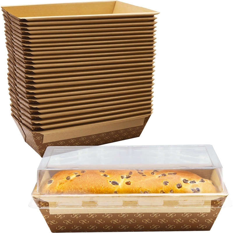 Chef-Grade 8x4in 1Lb Paper Loaf Pans w/Lids 25 Pk. Elegant Disposable Bakeable Kraft Pan Supplies for Baking Bread, Small Meatloaf, Bundt Cake, Sweets for Holiday Gifts Bake Sales or Fundraiser. | Bigbigmart.com