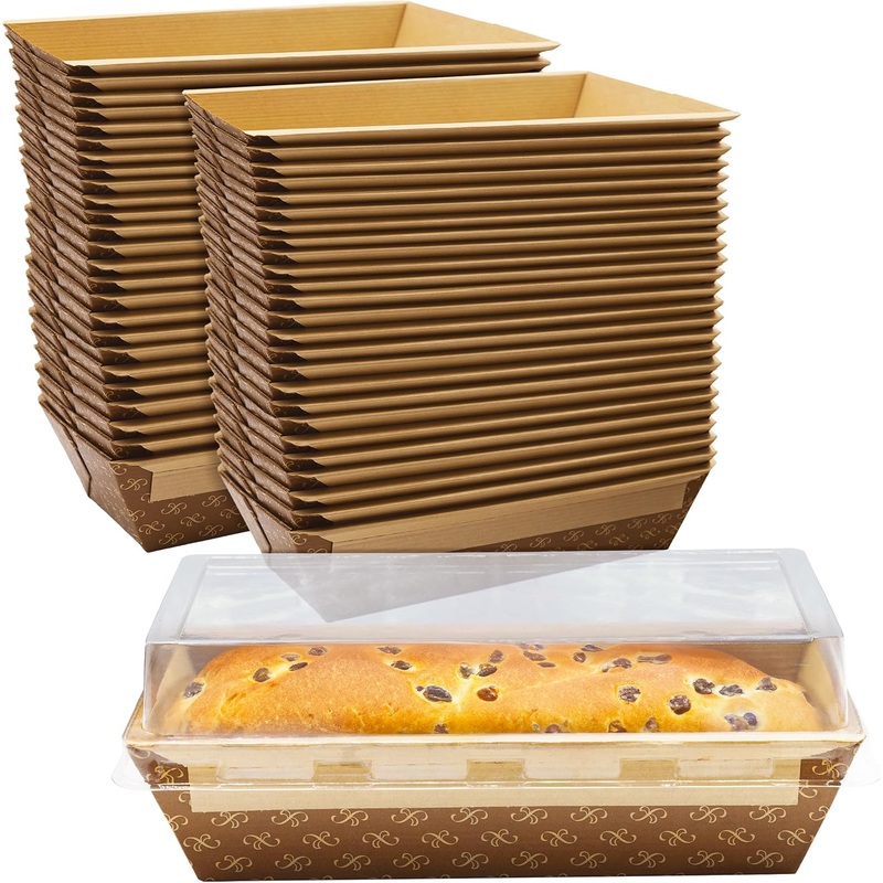 Chef-Grade 8x4in 1Lb Paper Loaf Pans w/Lids 50Pk. Elegant Disposable, Bakeable Kraft Pan Supplies for Baking Bread, Small Meatloaf, Bundt Cake Sweets for Holiday Gifts, Bake Sales or Fundraiser. | Bigbigmart.com