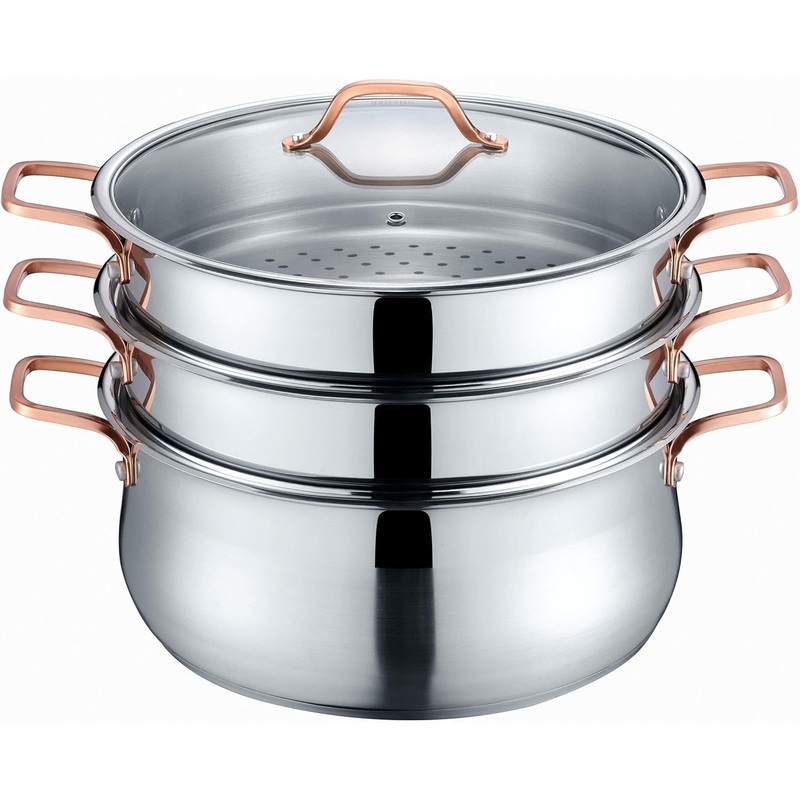 CONCORD Premium Stainless Steel 3 Tier Steamer w/Rose Gold Handles 26 cm | Bigbigmart.com
