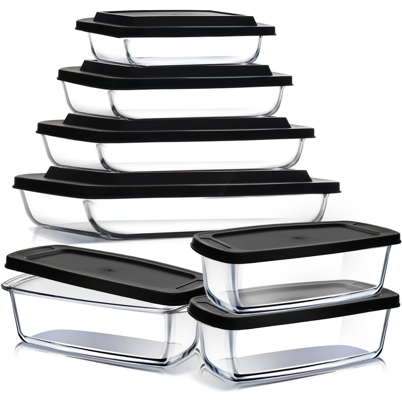 EATEX 7-Pack Glass Food Storage Containers with Lids, Baking Pans Set, Glass Baking Dishes for Oven | 3 Bread Pans for Bread Baking & 4 Casserole Dish Lasagna Pans, Oven Microwave Freezer Safe Black | Bigbigmart.com