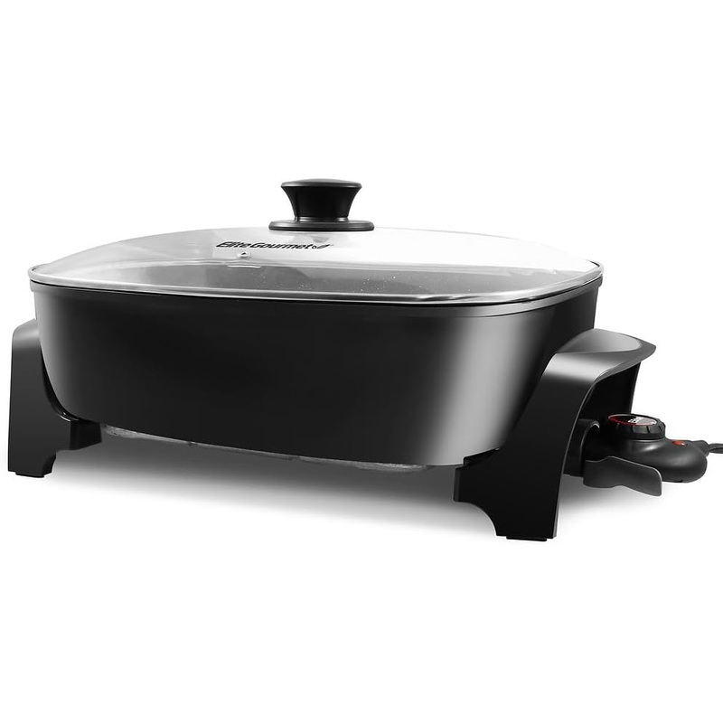 Elite Gourmet EG-6203# Extra Deep 16x13x3.2 (10.5Qt.) Scratch Resistant, Easy Pour Spout Dishwasher Safe, Non-stick Electric Skillet with Glass Vented Lid, Adjustable Temperature, Black | Bigbigmart.com