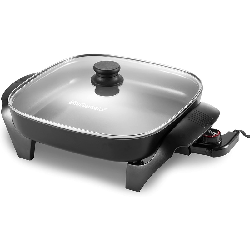 Elite Gourmet EG2212 12x12x2.15 Healthy Ceramic Coated Electric Skillet, Dishwasher Safe, Rapid Heat Up, 1200W, Dark Grey | Bigbigmart.com