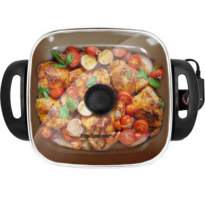 Elite Gourmet EG3033 12x12x2.35 Healthy Ceramic with Titanium Coated Scratch Resistant Electric Skillet, Dishwasher Safe, Rapid Heat Up, 1200W, Dark Grey, 6 Quart | Bigbigmart.com