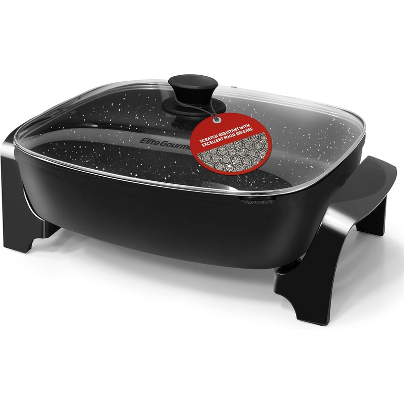 Elite Gourmet EG3033 Titanium-Ceramic-Coated 12x12x2.35 (6Qt.) Dishwasher Safe, Scratch Resistant Rapid Heat Up Electric Skillet with Tempered Glass Lid, Grey | Bigbigmart.com
